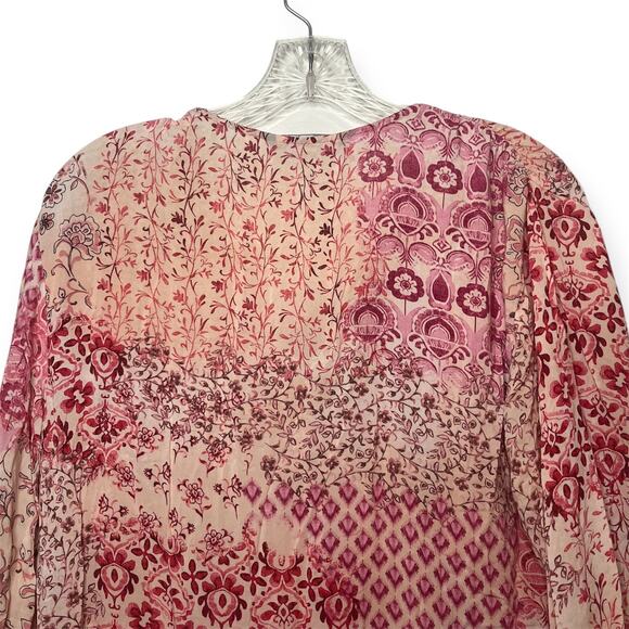 Zara Boho Patchwork Floral Dress Pink Red Long Sleeve Tassel Tie Mini Sz Small - Picture 8 of 12